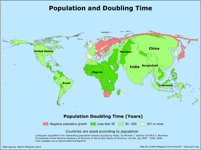 Population And Doubling Time 2010 Cartogram MissionInfobank 